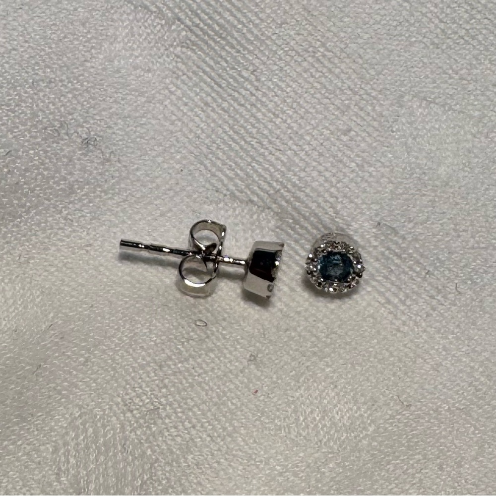 Small Round 14k White Gold Post Earrings with Blue Topaz and Diamonds
